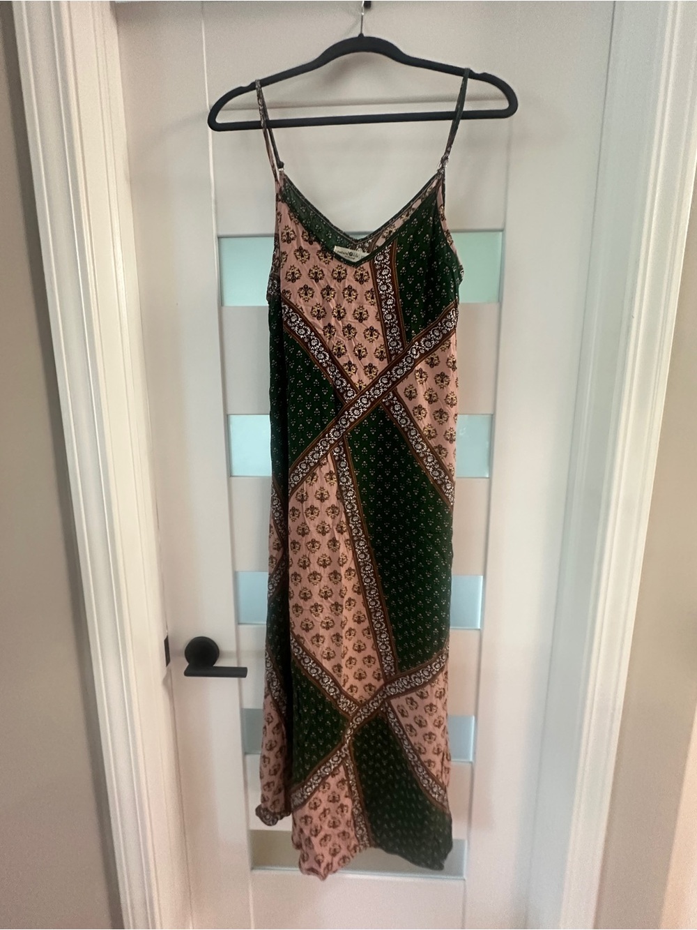 NATURAL LIFE Green and Blush Patchwork Maxi Slip Dress with Spaghetti Straps